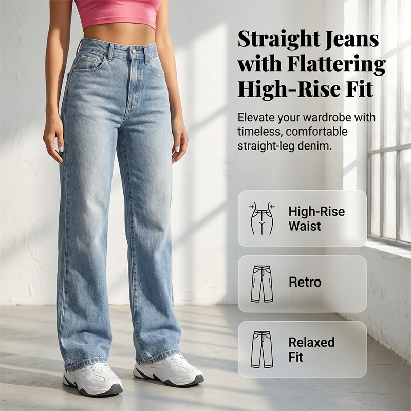 ✨👖Blugi din denim pentru femei, cu talie înaltă și croi drept💟