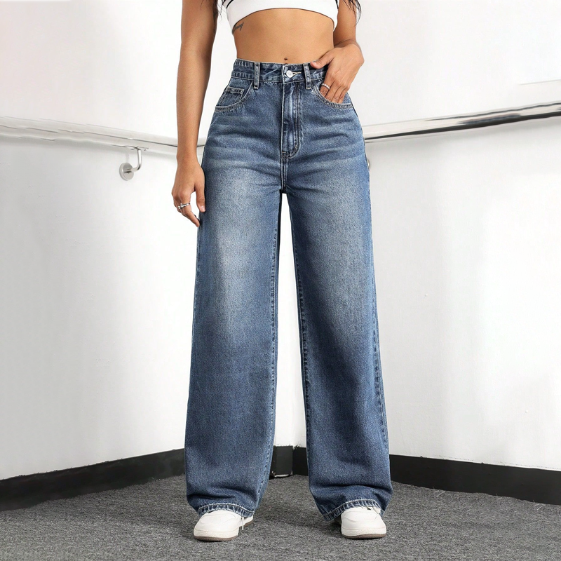 ✨👖Blugi din denim pentru femei, cu talie înaltă și croi drept💟-10