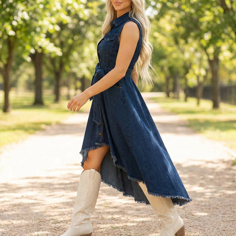 💗💹Rochie din denim fără mâneci, cu tiv asimetric😍-3