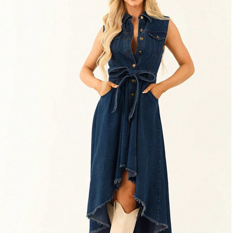 💗💹Rochie din denim fără mâneci, cu tiv asimetric😍-8