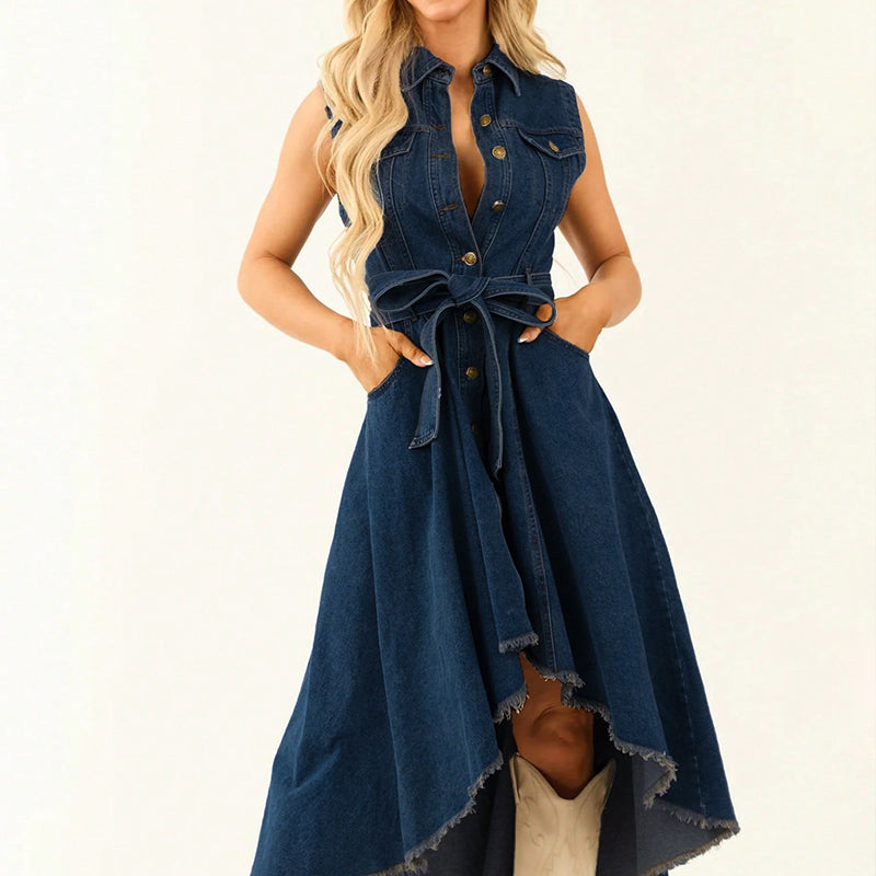 💗💹Rochie din denim fără mâneci, cu tiv asimetric😍-7