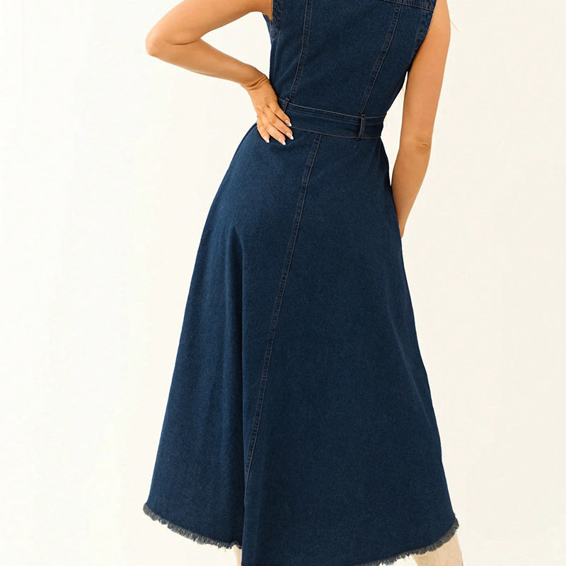 💗💹Rochie din denim fără mâneci, cu tiv asimetric😍-10