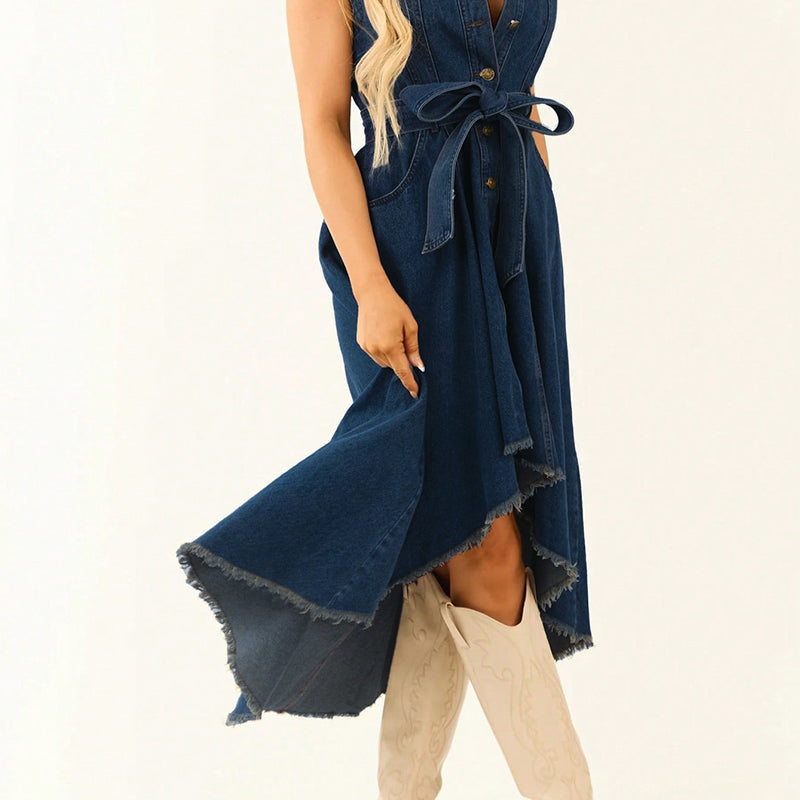 💗💹Rochie din denim fără mâneci, cu tiv asimetric😍-9