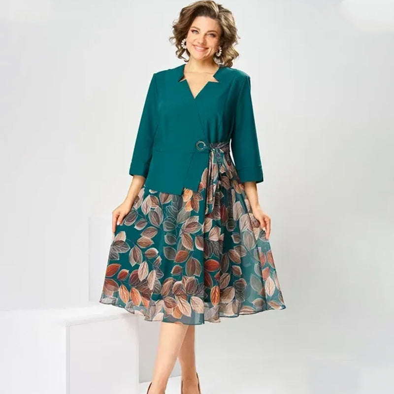 Rochie elegantă din material sintetic, în două piese, cu imprimeu de frunze✨ Eleganță naturală, oricând, oriunde ✨-9