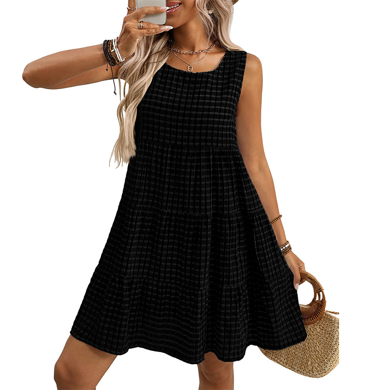 💖ULTIMA ZI DE REDUCERI – 50% REDUCERE💖Rochie casual fără mâneci, în carouri, cu croi în A, pentru femei-10