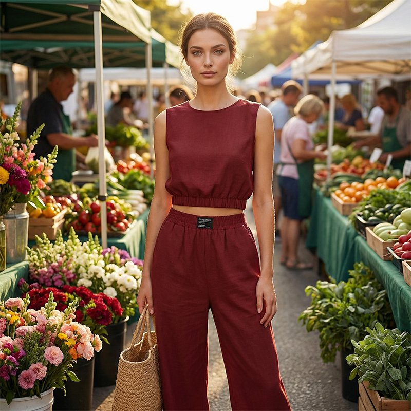 🤩✨Set din două piese pentru femei: top scurt fără mâneci și pantaloni largi💯-2