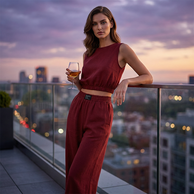 🤩✨Set din două piese pentru femei: top scurt fără mâneci și pantaloni largi💯-4