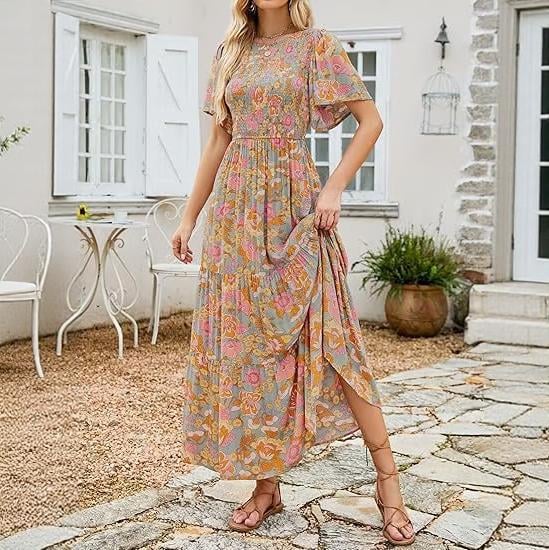 ⏰Ofertă specială: 50% reducere👗Rochie maxi lejeră pentru femei, cu imprimeu floral, mâneci fluturate, croi smocked și talie înaltă