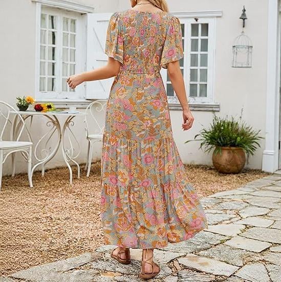 ⏰Ofertă specială: 50% reducere👗Rochie maxi lejeră pentru femei, cu imprimeu floral, mâneci fluturate, croi smocked și talie înaltă-1