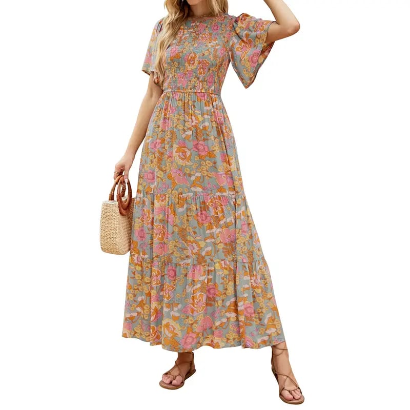 ⏰Ofertă specială: 50% reducere👗Rochie maxi lejeră pentru femei, cu imprimeu floral, mâneci fluturate, croi smocked și talie înaltă-2