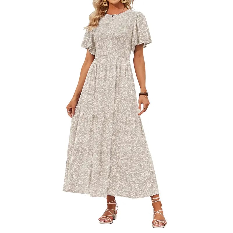 ⏰Ofertă specială: 50% reducere👗Rochie maxi lejeră pentru femei, cu imprimeu floral, mâneci fluturate, croi smocked și talie înaltă-3
