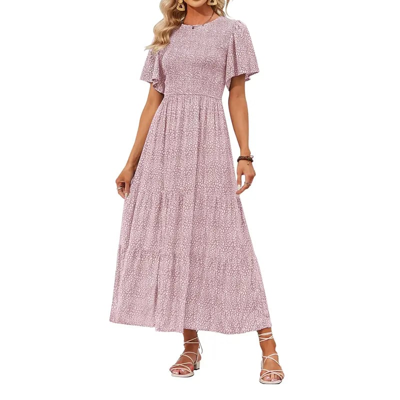 ⏰Ofertă specială: 50% reducere👗Rochie maxi lejeră pentru femei, cu imprimeu floral, mâneci fluturate, croi smocked și talie înaltă-6