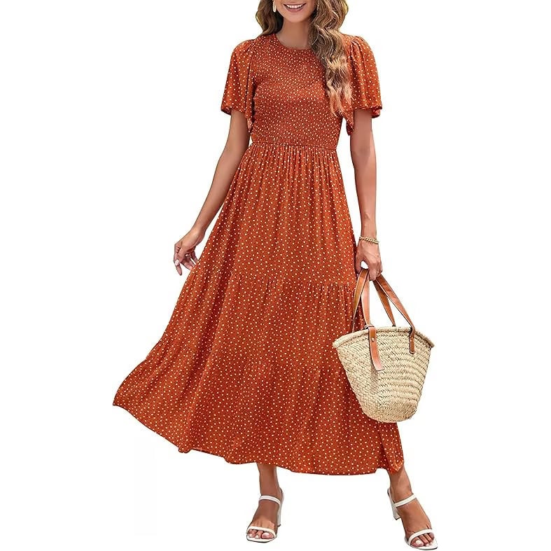 ⏰Ofertă specială: 50% reducere👗Rochie maxi lejeră pentru femei, cu imprimeu floral, mâneci fluturate, croi smocked și talie înaltă-9