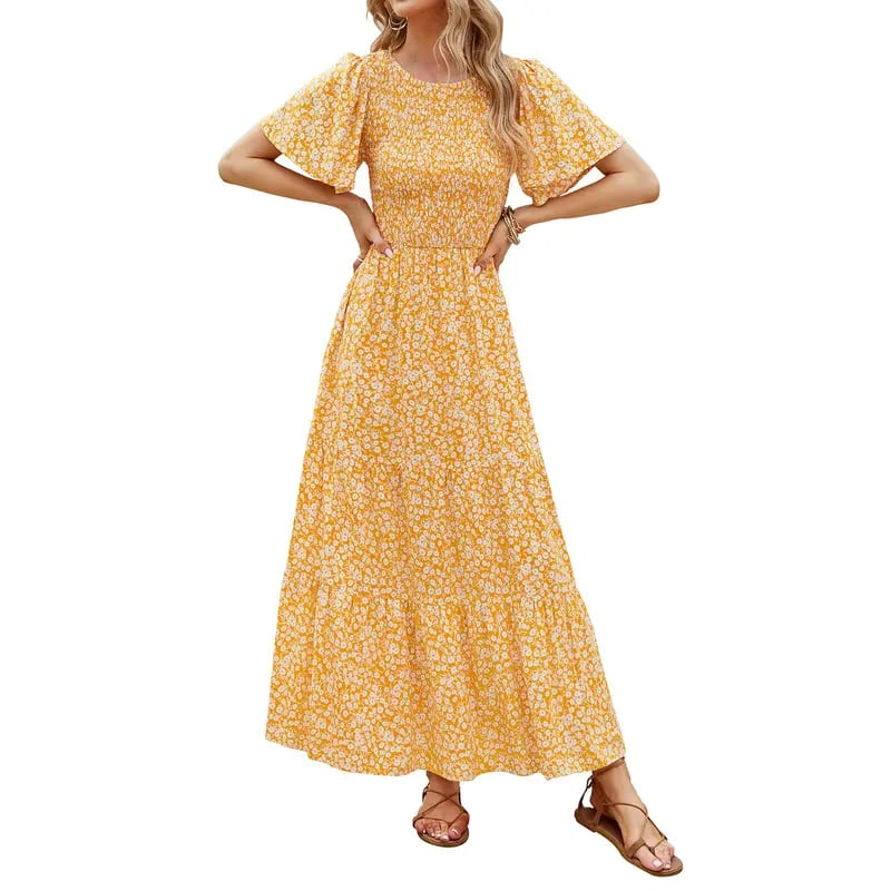 ⏰Ofertă specială: 50% reducere👗Rochie maxi lejeră pentru femei, cu imprimeu floral, mâneci fluturate, croi smocked și talie înaltă-8