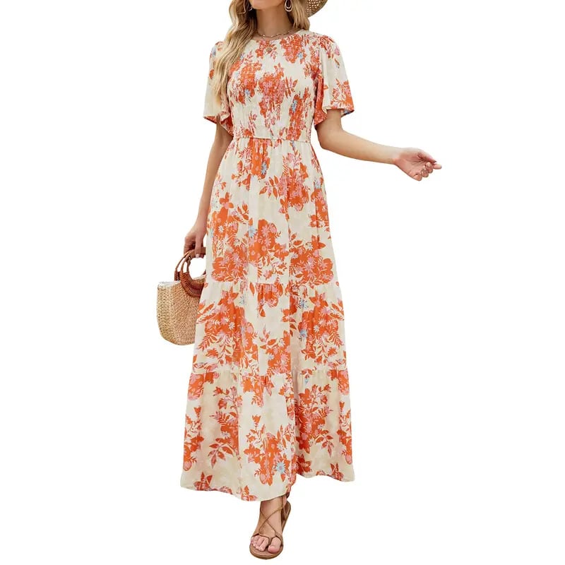 ⏰Ofertă specială: 50% reducere👗Rochie maxi lejeră pentru femei, cu imprimeu floral, mâneci fluturate, croi smocked și talie înaltă-10