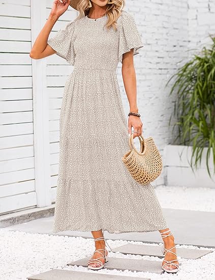 ⏰Ofertă specială: 50% reducere👗Rochie maxi lejeră pentru femei, cu imprimeu floral, mâneci fluturate, croi smocked și talie înaltă-11