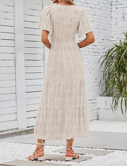 ⏰Ofertă specială: 50% reducere👗Rochie maxi lejeră pentru femei, cu imprimeu floral, mâneci fluturate, croi smocked și talie înaltă-12