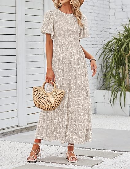 ⏰Ofertă specială: 50% reducere👗Rochie maxi lejeră pentru femei, cu imprimeu floral, mâneci fluturate, croi smocked și talie înaltă-14