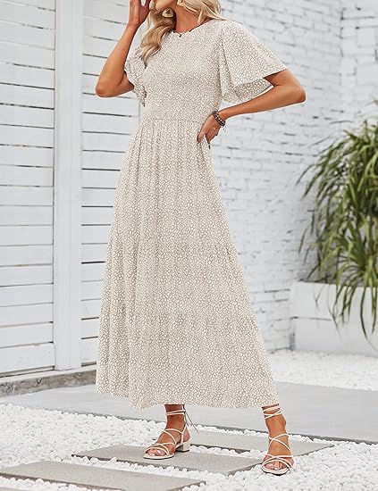 ⏰Ofertă specială: 50% reducere👗Rochie maxi lejeră pentru femei, cu imprimeu floral, mâneci fluturate, croi smocked și talie înaltă-13