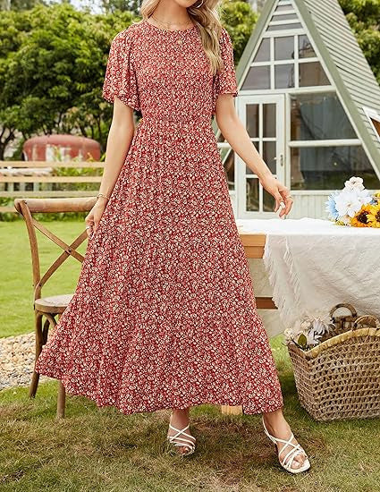 ⏰Ofertă specială: 50% reducere👗Rochie maxi lejeră pentru femei, cu imprimeu floral, mâneci fluturate, croi smocked și talie înaltă-15
