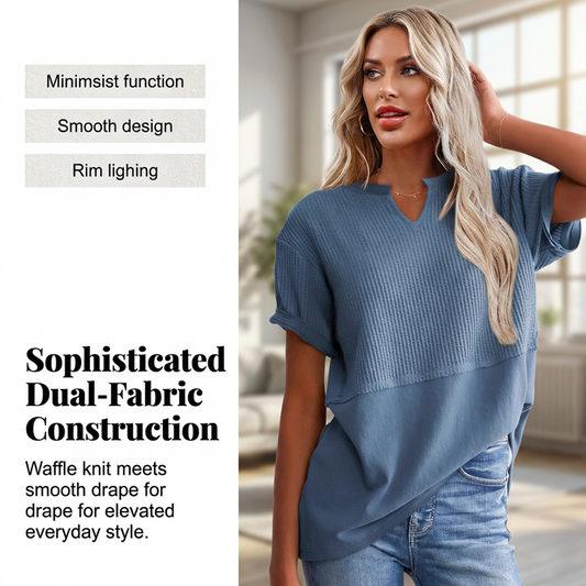 🌬️👕Tricou casual pentru femei, cu guler în V, din tricot tip waffle și model patchwork😍