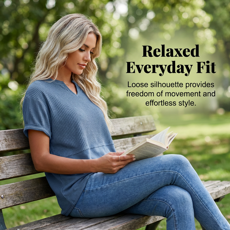 🌬️👕Tricou casual pentru femei, cu guler în V, din tricot tip waffle și model patchwork😍-4