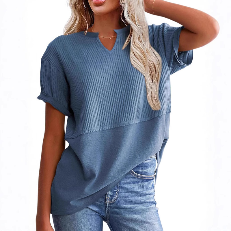 🌬️👕Tricou casual pentru femei, cu guler în V, din tricot tip waffle și model patchwork😍-8