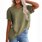 🌬️👕Tricou casual pentru femei, cu guler în V, din tricot tip waffle și model patchwork😍-7