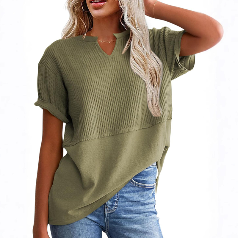 🌬️👕Tricou casual pentru femei, cu guler în V, din tricot tip waffle și model patchwork😍-7