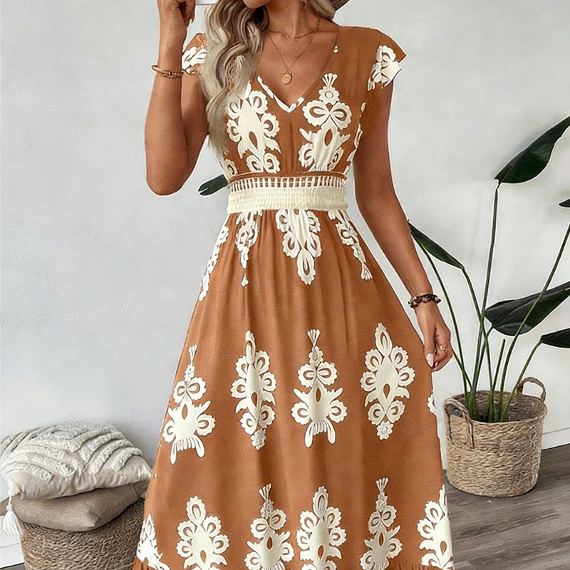 🎁Noutate cu 50% reducere💥Rochie maxi vaporoasă pentru femei, cu decolteu în V și imprimeu baroc-12