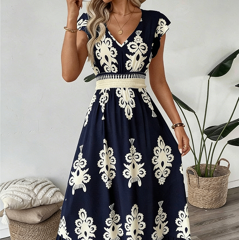 🎁Noutate cu 50% reducere💥Rochie maxi vaporoasă pentru femei, cu decolteu în V și imprimeu baroc-14