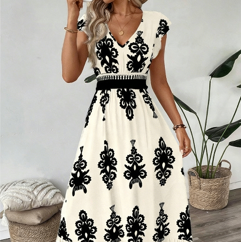 🎁Noutate cu 50% reducere💥Rochie maxi vaporoasă pentru femei, cu decolteu în V și imprimeu baroc-13