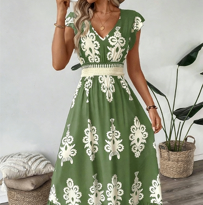 🎁Noutate cu 50% reducere💥Rochie maxi vaporoasă pentru femei, cu decolteu în V și imprimeu baroc-15