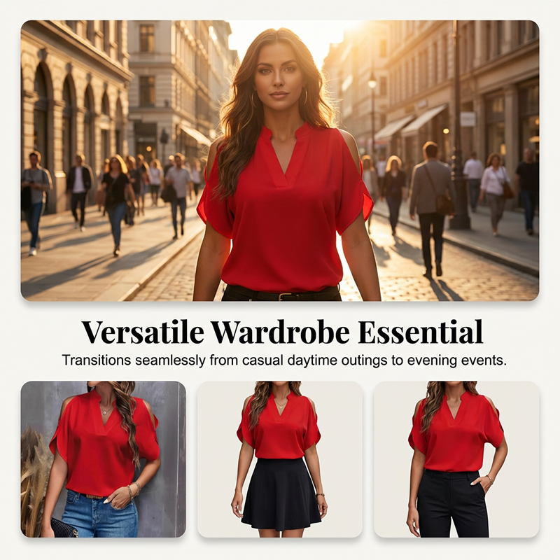 💥😍Bluză pentru femei cu decolteu în V, umeri decupați și mâneci fluturate👕-4