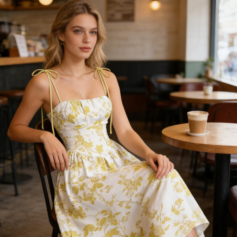 🌷REDUCERE DE ULTIMĂ ZI: 50% reducere!!⌛️👗Rochie midi pentru femei cu imprimeu floral și bretele legate-3