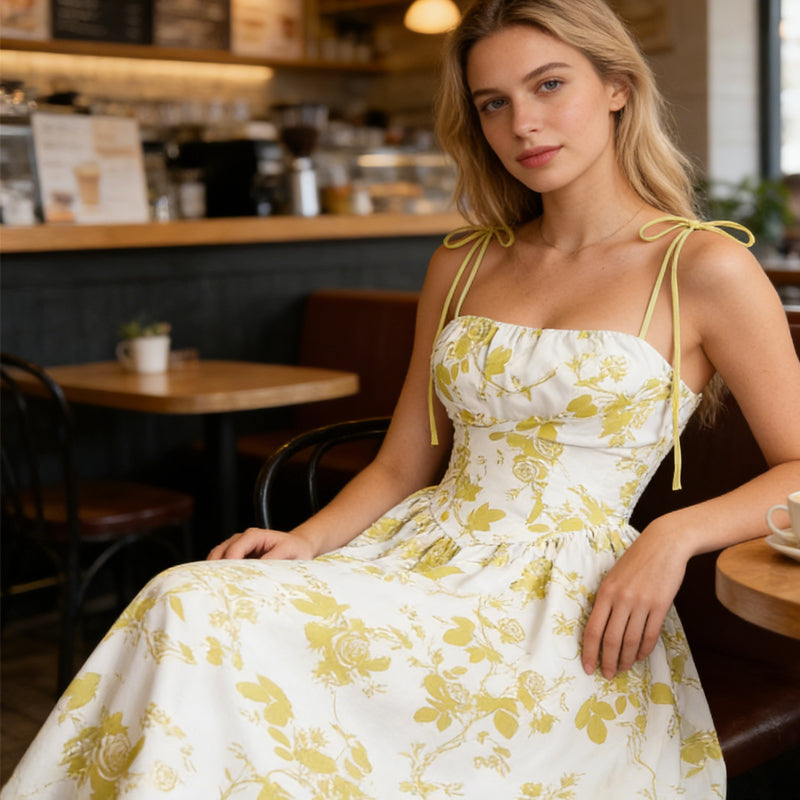 🌷REDUCERE DE ULTIMĂ ZI: 50% reducere!!⌛️👗Rochie midi pentru femei cu imprimeu floral și bretele legate-6