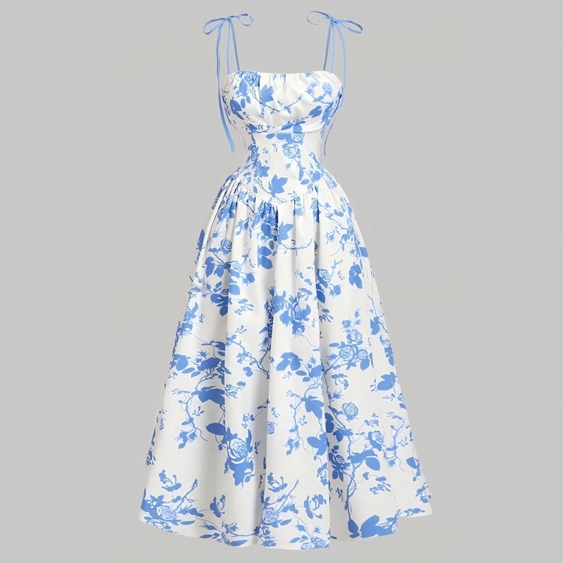 🌷REDUCERE DE ULTIMĂ ZI: 50% reducere!!⌛️👗Rochie midi pentru femei cu imprimeu floral și bretele legate-10