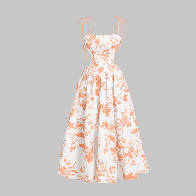 🌷REDUCERE DE ULTIMĂ ZI: 50% reducere!!⌛️👗Rochie midi pentru femei cu imprimeu floral și bretele legate-13
