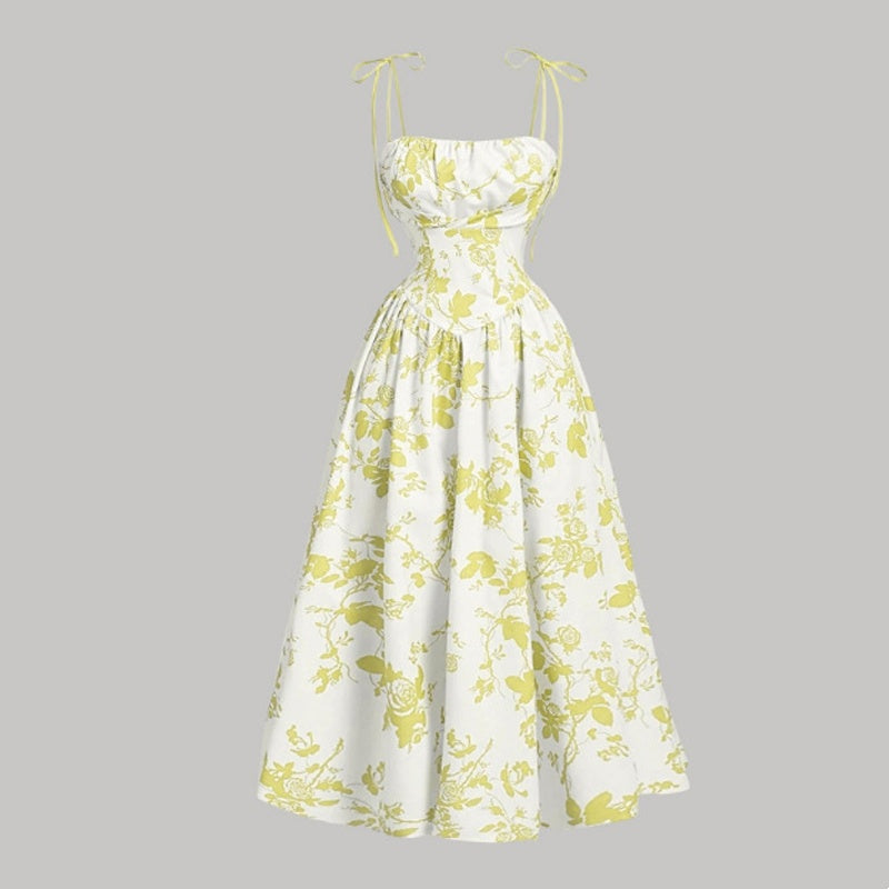 🌷REDUCERE DE ULTIMĂ ZI: 50% reducere!!⌛️👗Rochie midi pentru femei cu imprimeu floral și bretele legate-11
