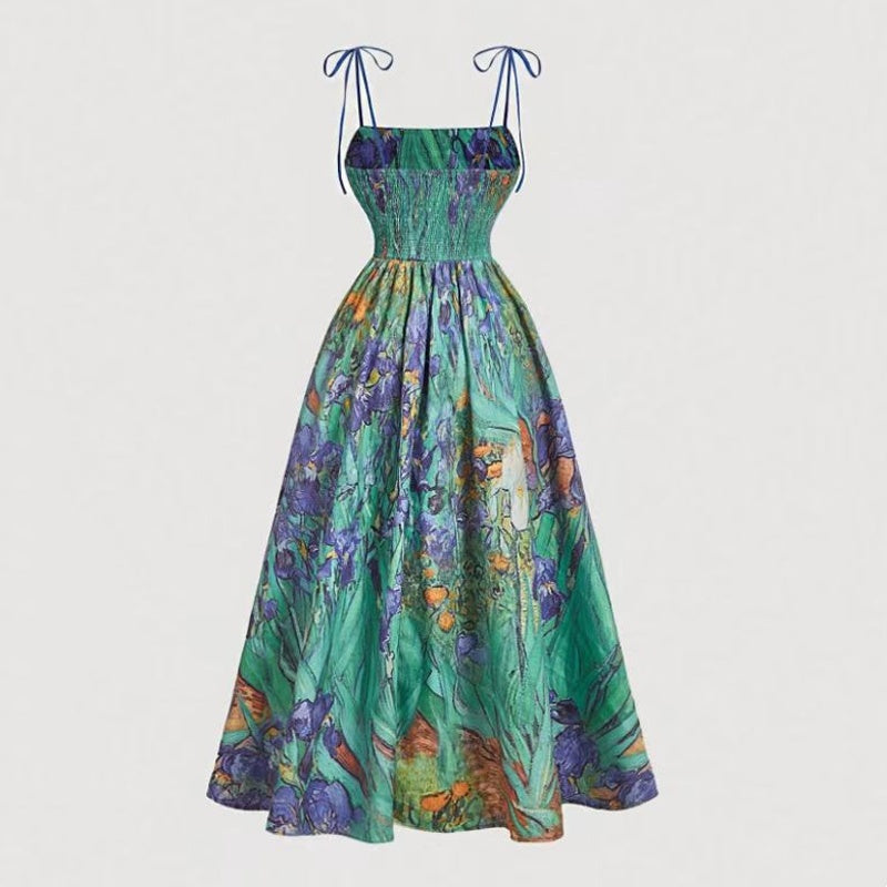 🌷REDUCERE DE ULTIMĂ ZI: 50% reducere!!⌛️👗Rochie midi pentru femei cu imprimeu floral și bretele legate-12