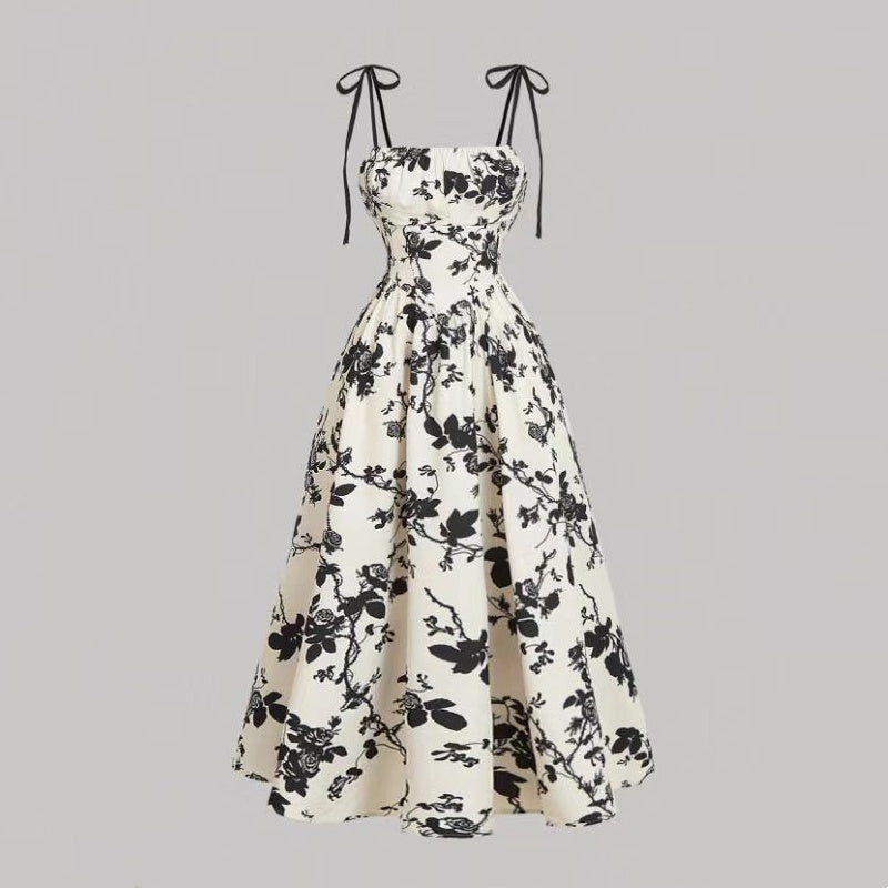 🌷REDUCERE DE ULTIMĂ ZI: 50% reducere!!⌛️👗Rochie midi pentru femei cu imprimeu floral și bretele legate-14