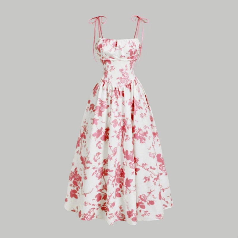 🌷REDUCERE DE ULTIMĂ ZI: 50% reducere!!⌛️👗Rochie midi pentru femei cu imprimeu floral și bretele legate-15