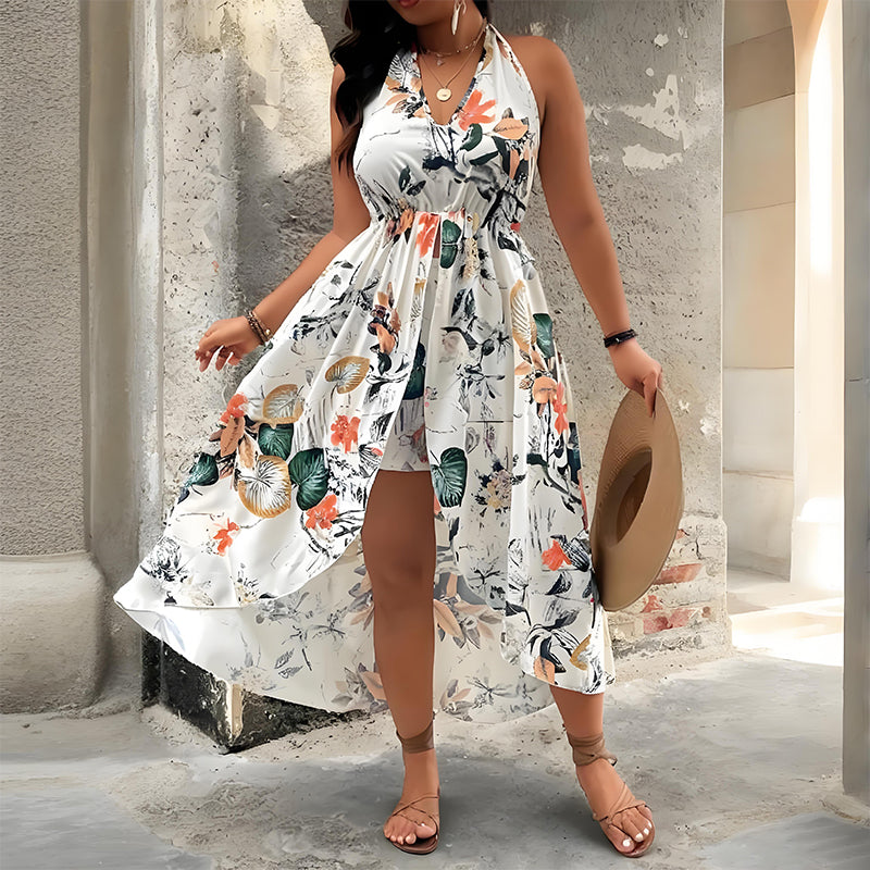 🌸🌹👗Rochie-salopetă pentru femei, cu imprimeu floral, decolteu halter și croi asimetric-1