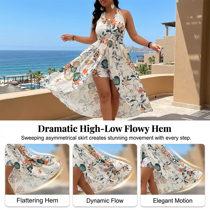 🌸🌹👗Rochie-salopetă pentru femei, cu imprimeu floral, decolteu halter și croi asimetric-2