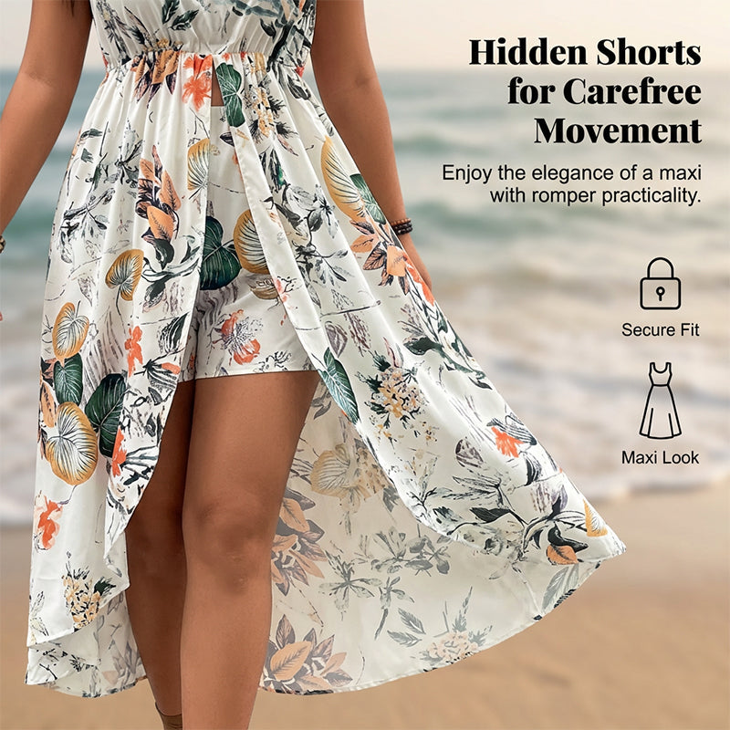 🌸🌹👗Rochie-salopetă pentru femei, cu imprimeu floral, decolteu halter și croi asimetric-4