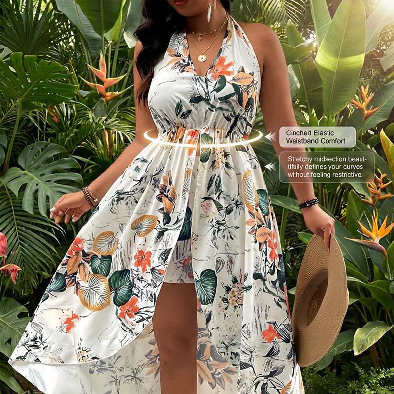 🌸🌹👗Rochie-salopetă pentru femei, cu imprimeu floral, decolteu halter și croi asimetric-5
