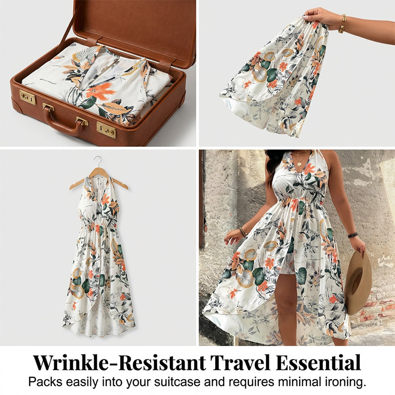 🌸🌹👗Rochie-salopetă pentru femei, cu imprimeu floral, decolteu halter și croi asimetric-6