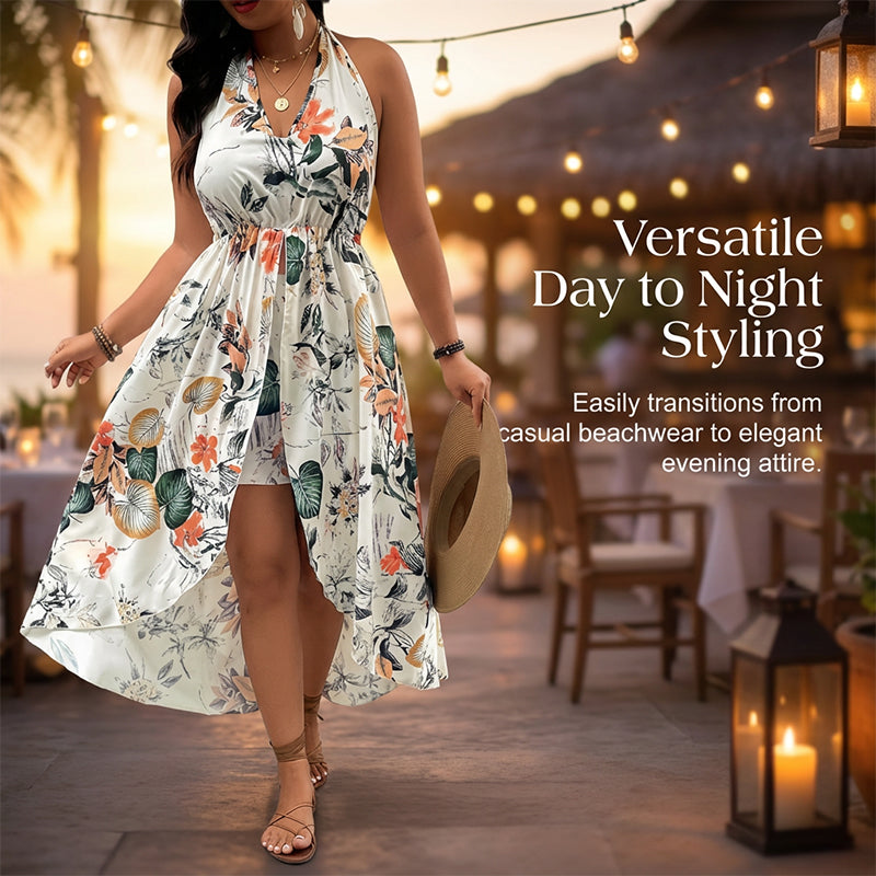 🌸🌹👗Rochie-salopetă pentru femei, cu imprimeu floral, decolteu halter și croi asimetric-7