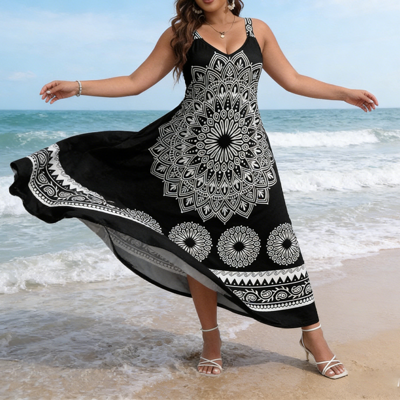 👗Noutate❣️Rochie maxi cu bretele, imprimeu mandala în stil boem-4