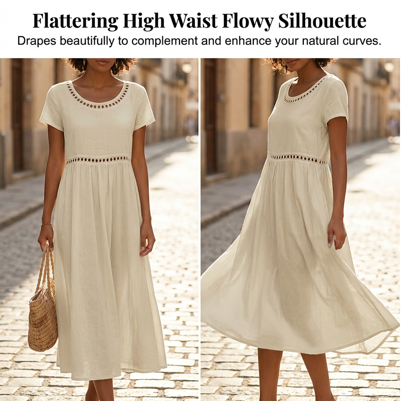🏖️🌊Rochie casual de vară din dantelă, cu guler rotund🌬️👗-2